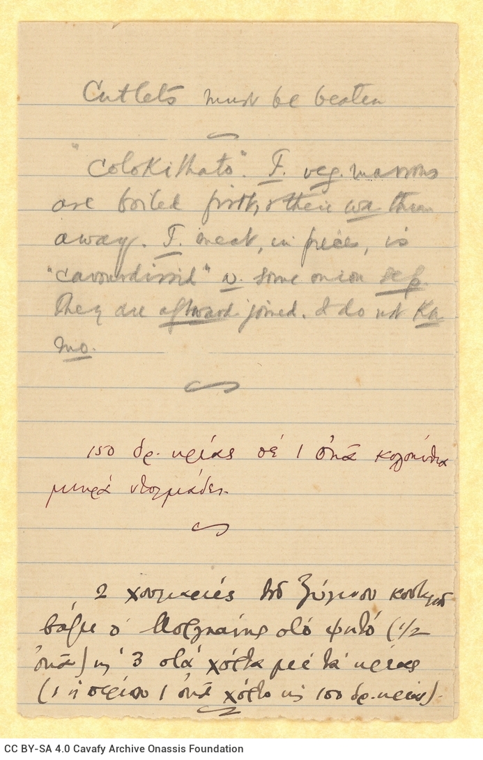 Handwritten note by Cavafy with cooking instructions on both sides of half a ruled sheet. The sheet had initially been fol