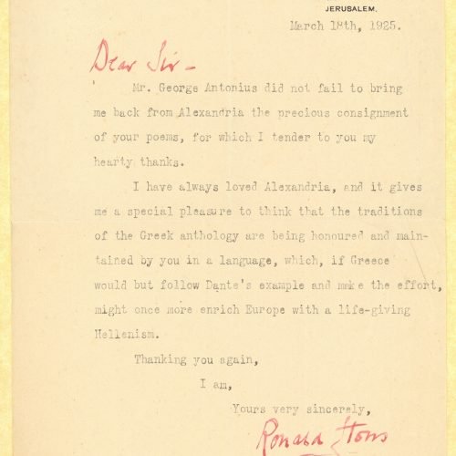 Typewritten letter by Ronald Storrs to Cavafy, on one side of a letterhead ("The Governorate" at top right and embossed Briti