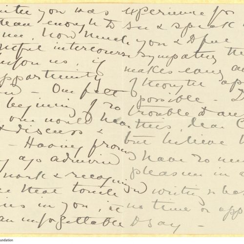 Handwritten letter by Kitty Ionides (daughter of John Cavafy, cousin of C. P. Cavafy) to the poet on all four pages of a bifo
