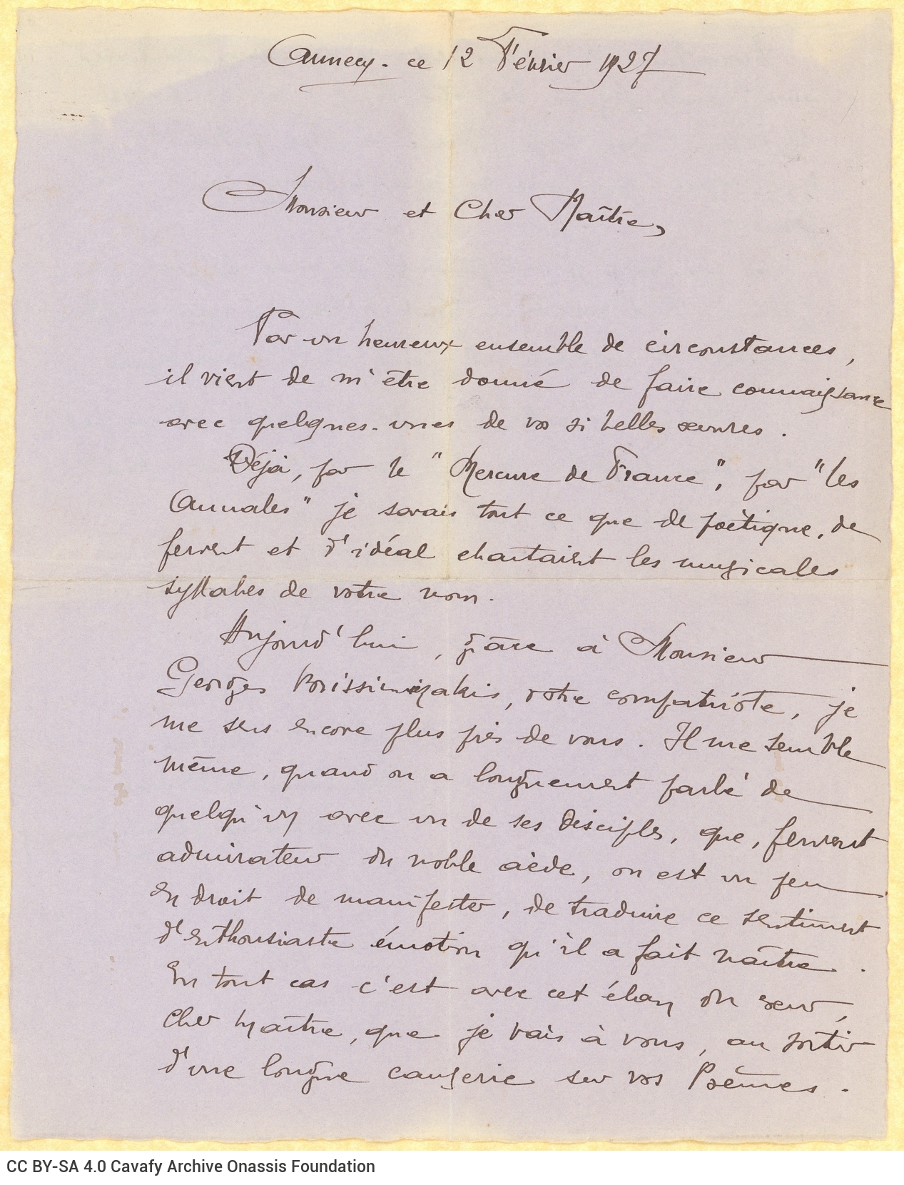 Handwritten letter by François Sauton to Cavafy on both sides of a sheet. The author expresses his admiration for the poet, 