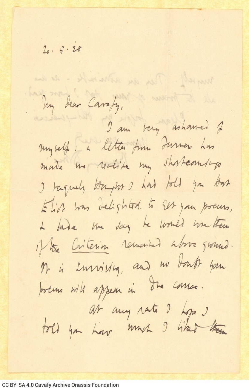 Χειρόγραφη επιστολή του Μπόναμυ Ντομπρέ (Bonamy Dobrée) προς τον Καβάφη στ