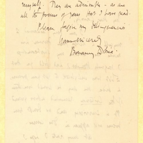 Handwritten letter by Bonamy Dobrée to Cavafy on both sides of a sheet with printed address. He expresses his appreciation a