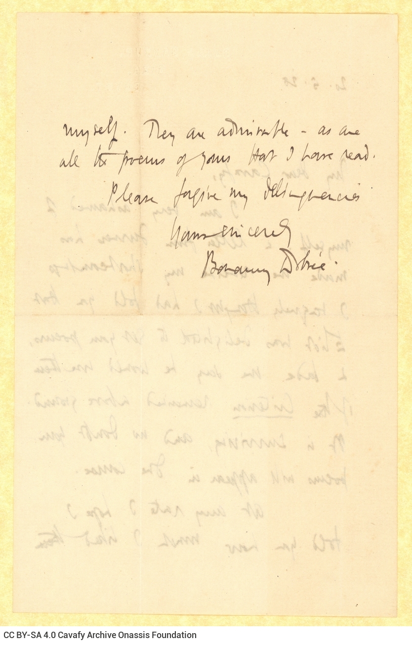 Handwritten letter by Bonamy Dobrée to Cavafy on both sides of a sheet with printed address. He expresses his appreciation a