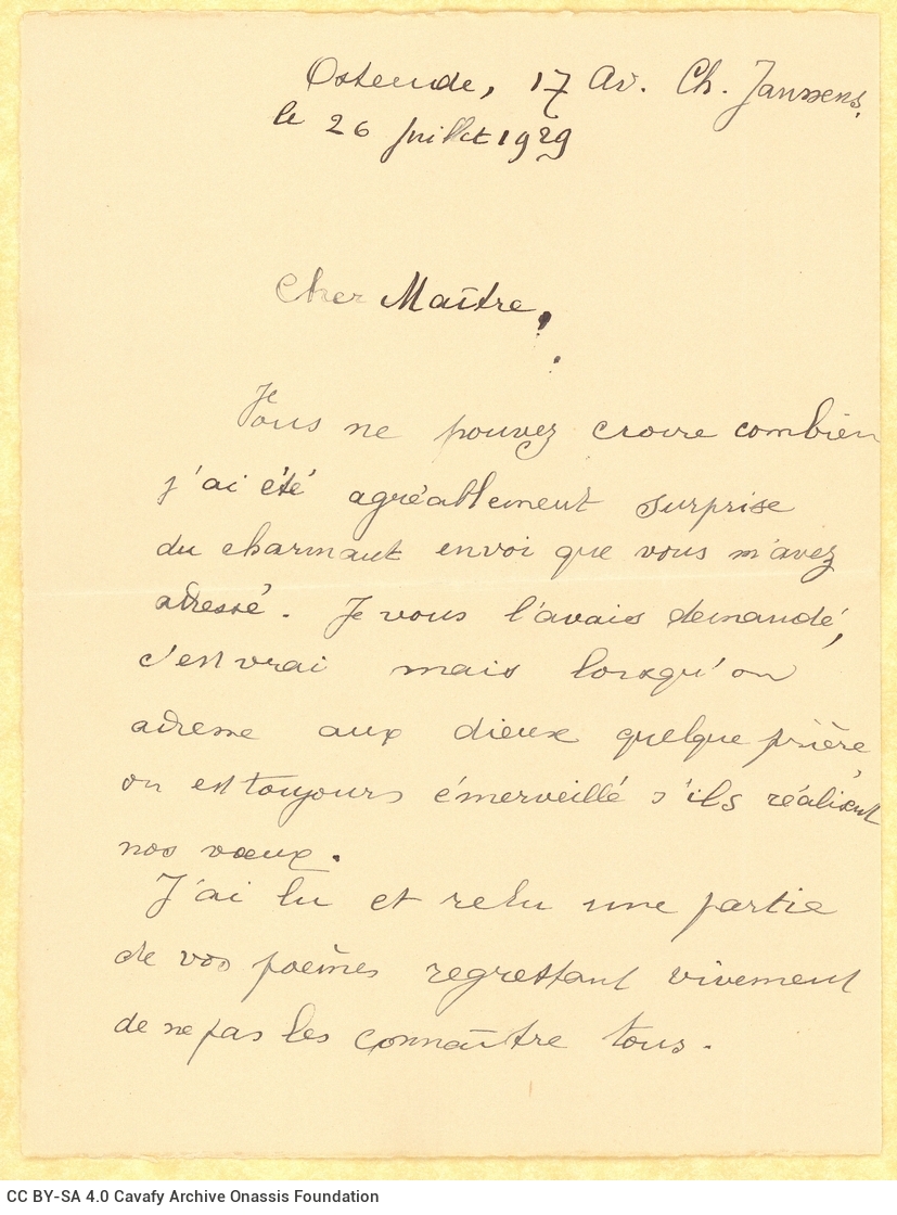 Handwritten letter by Valérie Daniel on the second and third pages of a bifolio. The first and fourth pages are blank. Thank