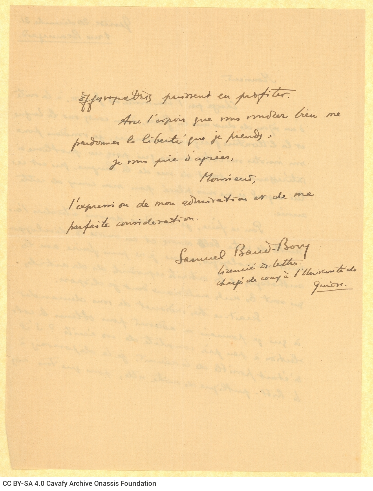 Handwritten letter by Samuel Baud-Bovy to Cavafy on both sides of a sheet. He asks the poet to despatch the ensemble of his p