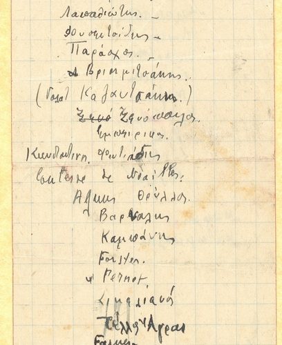 Handwritten list of names of authors and intellectuals on both sides of a small piece of paper, not by the poet (it is probab