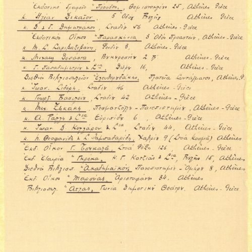 Χειρόγραφος κατάλογος με τις διευθύνσεις εκδοτών και βιβλιοπωλείων