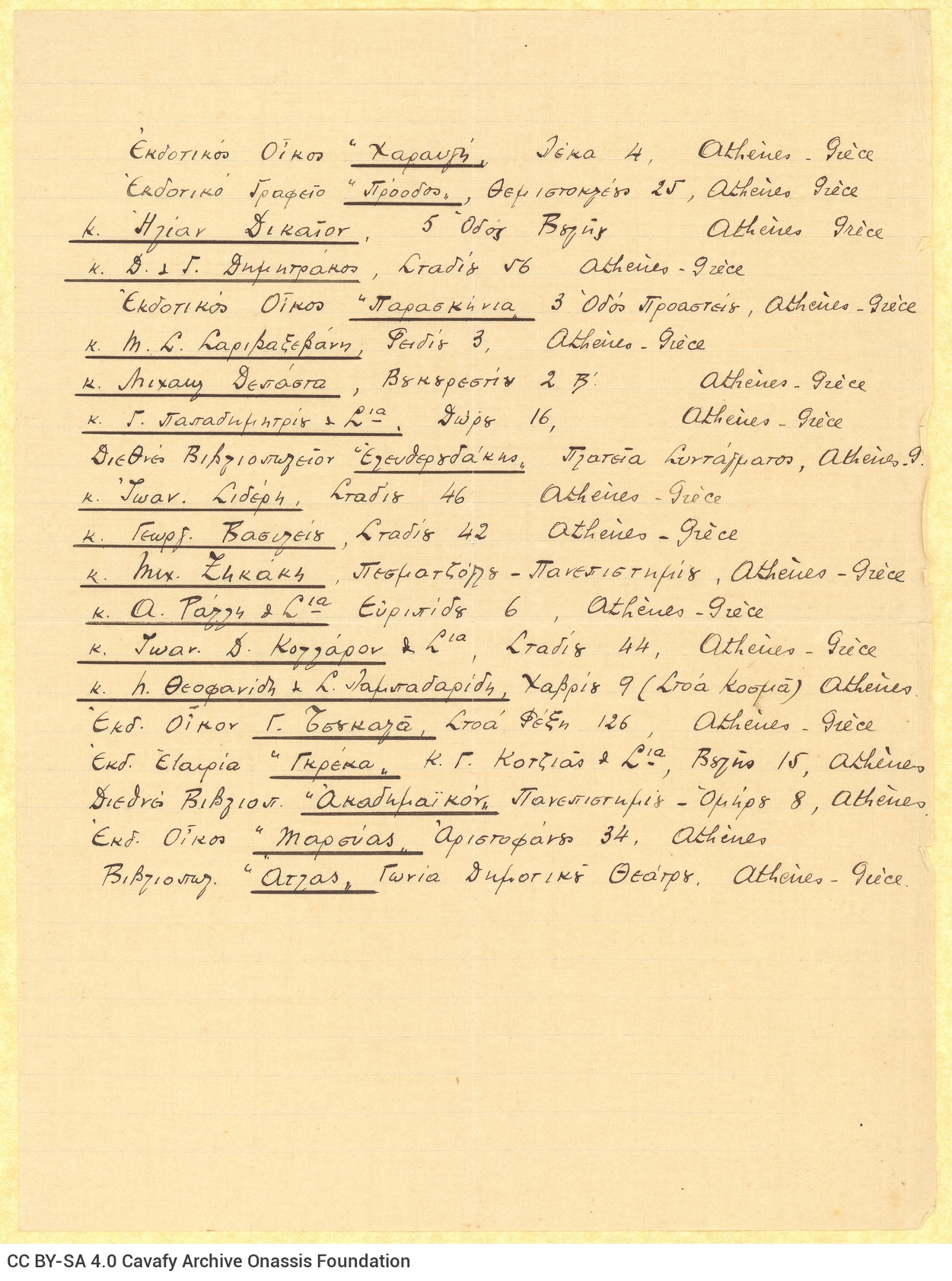 Handwritten list of the addresses of publishers and bookstores in Athens, not in Cavafy's handwritiing, on one side of a shee