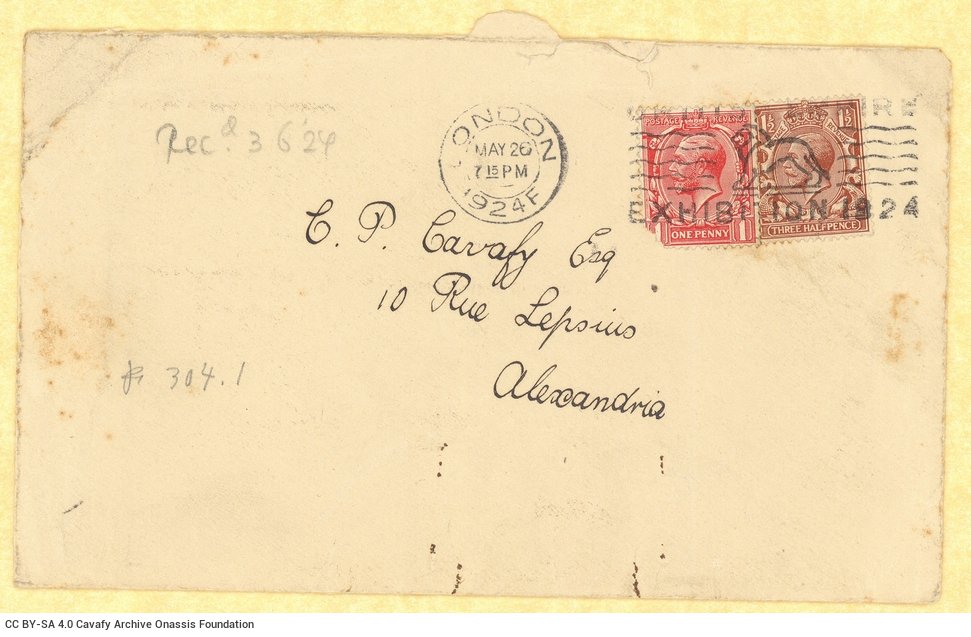 Envelope sent to Cavafy from London with mail rubber stamp (26/5/1924) and handwritten note in pencil, which was received on 