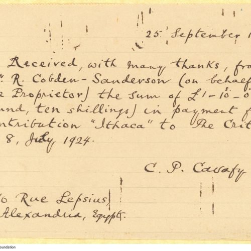 Two handwritten copies of a receipt for £1,10 from Cavafy to the publisher of *The Criterion* for the publication of the 