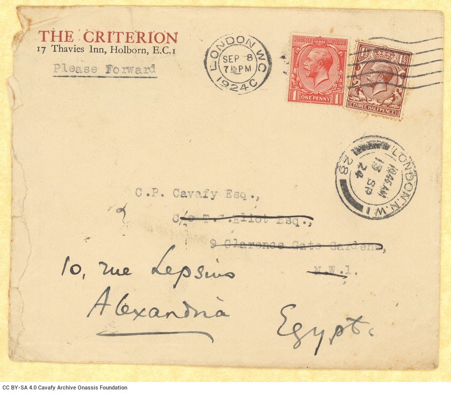 Two handwritten copies of a receipt for £1,10 from Cavafy to the publisher of *The Criterion* for the publication of the 