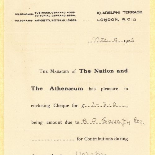Printed note of *The Nation and The Athenaeum* with payment note for £3,3 to Cavafy for publishing in the journal in Octo