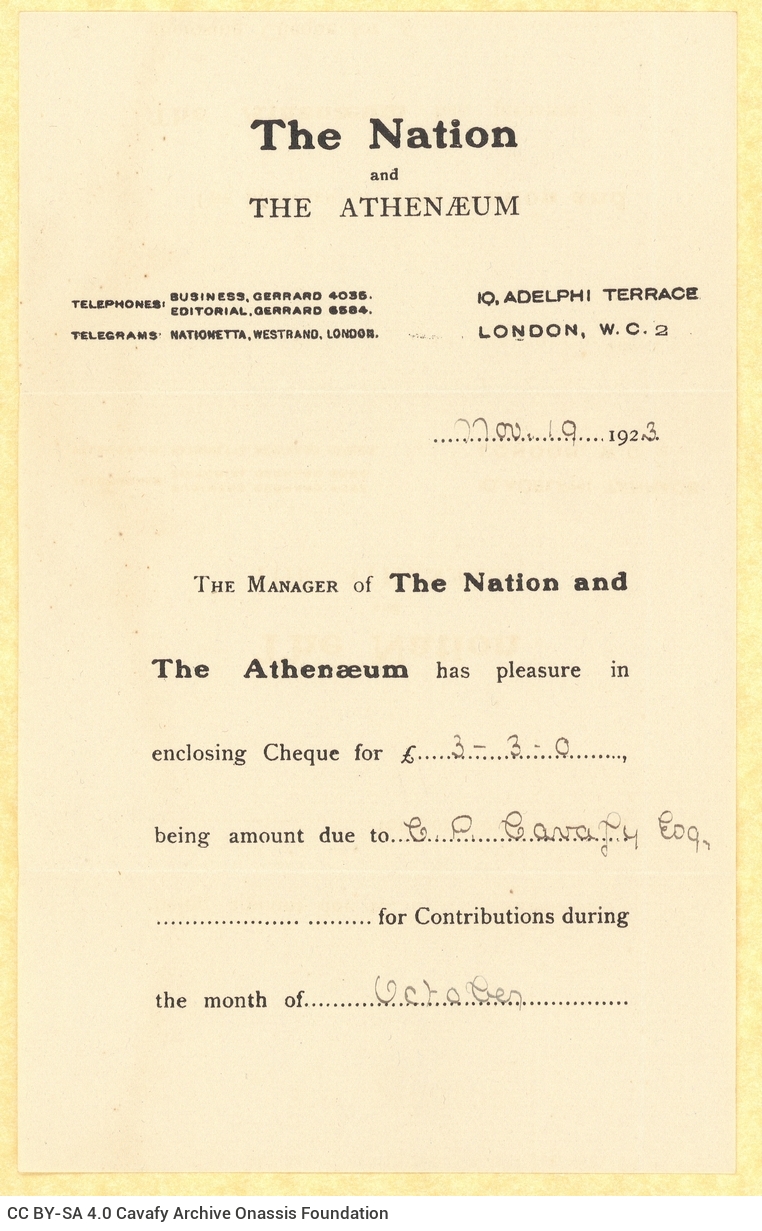 Printed note of *The Nation and The Athenaeum* with payment note for £3,3 to Cavafy for publishing in the journal in Octo