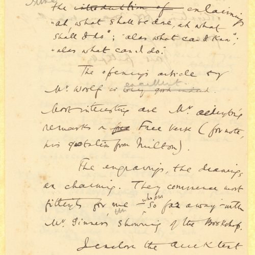 Handwritten draft letter by Cavafy to Harold Edward Monro on all four pages of a bifolio. Cancellations and emendations. He t