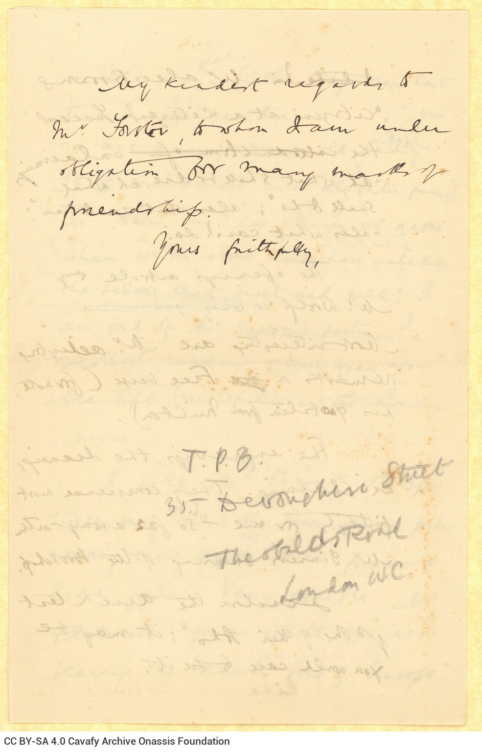 Handwritten draft letter by Cavafy to Harold Edward Monro on all four pages of a bifolio. Cancellations and emendations. He t