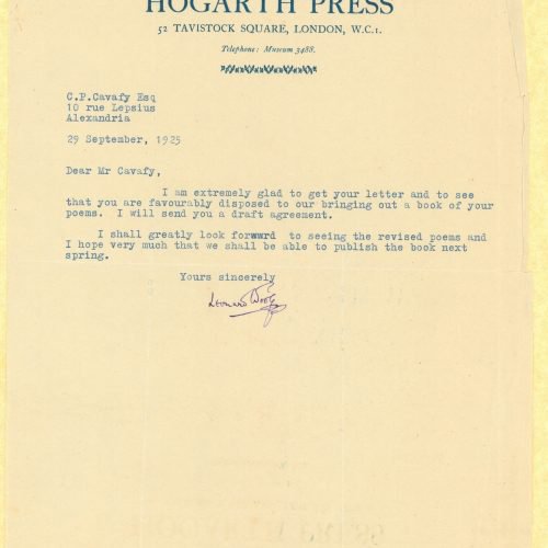 Autograph typewritten letter by Leonard Woolf on one side of a letterhead of The Hogarth Press. He expresses his optimism on 