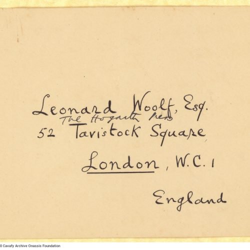 Draft letter by Cavafy to Leonard Woolf on the first page of a bifolio and second draft on both sides of a sheet (one of the 