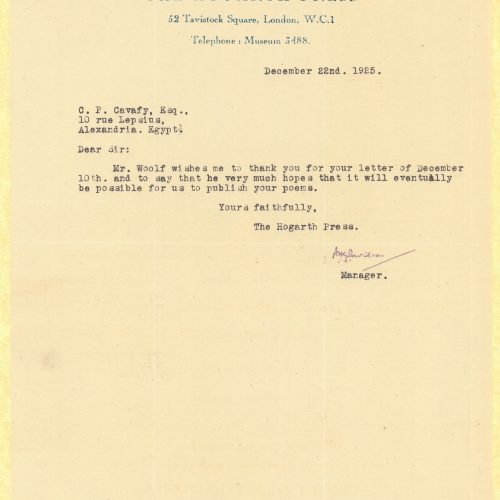 Autograph typewritten letter by Angus H. G. Davidson on behalf of The Hogarth Press in which optimism is expressed regarding 