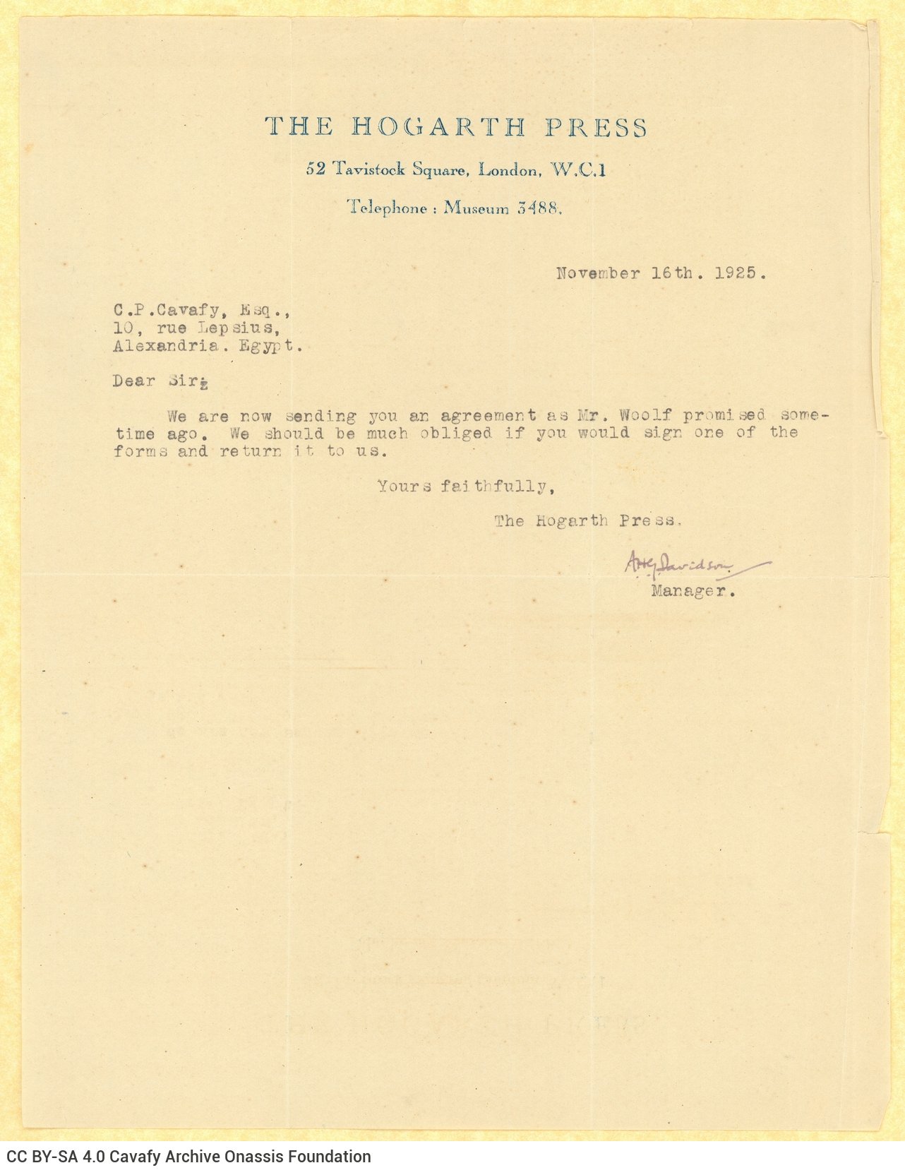 Δακτυλόγραφη επιστολή του Άνγκους Χ. Τζ. Ντέιβιντσον (Angus H. G. Davidson) εκ 