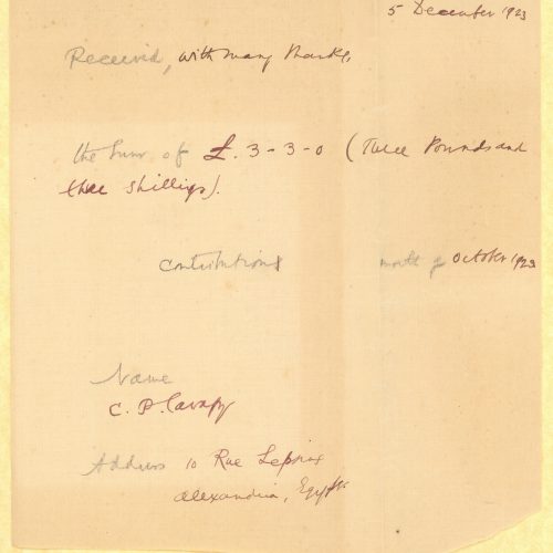 Handwritten draft of a receipt by Cavafy for the amount of £3,3 from *The Nation and The Athenaeum*. Accompanied by envelope
