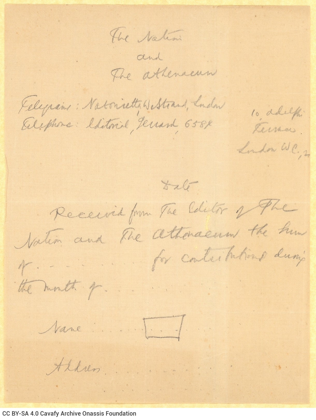 Handwritten draft of a receipt by Cavafy for the amount of £3,3 from *The Nation and The Athenaeum*. Accompanied by envelope