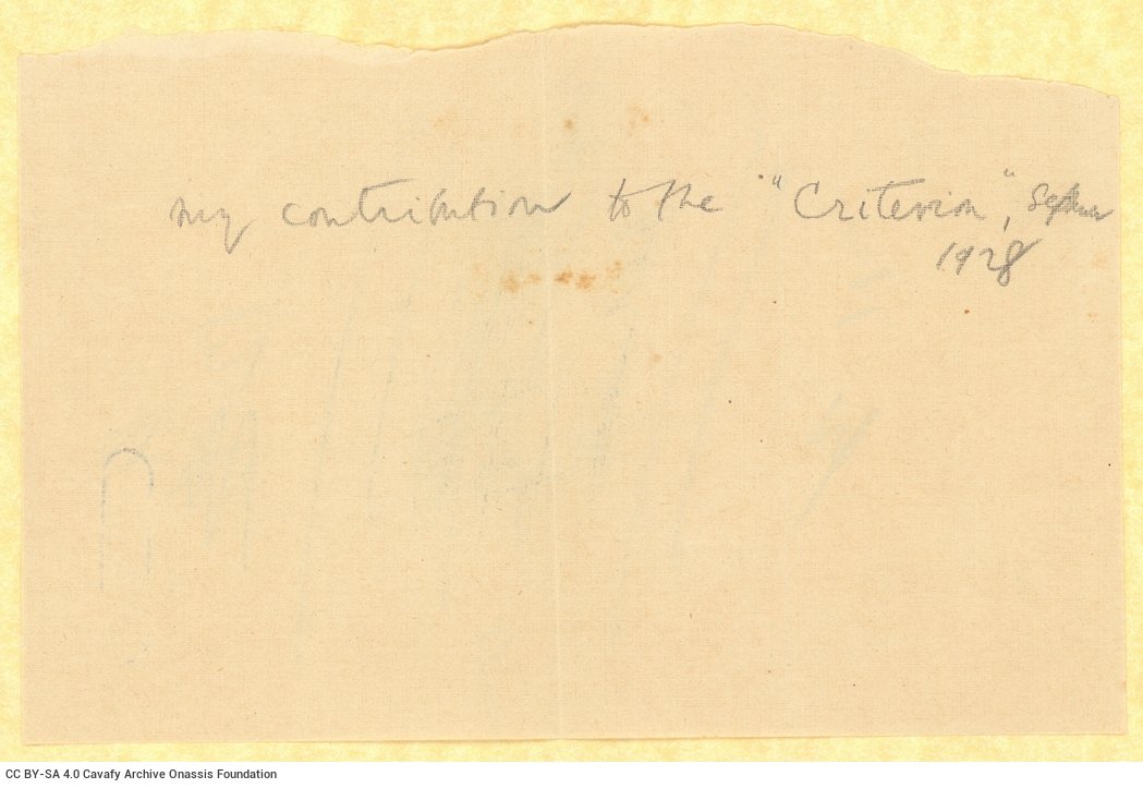 Envelope sent from London originally to Bonamy Dobrée and subsequently forwarded to Cavafy in October 1928. Inside the en