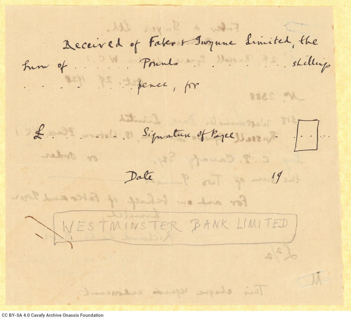 Χειρόγραφο αντίγραφο επιταγής του Καβάφη από τον εκδοτικό οίκο Faber & 