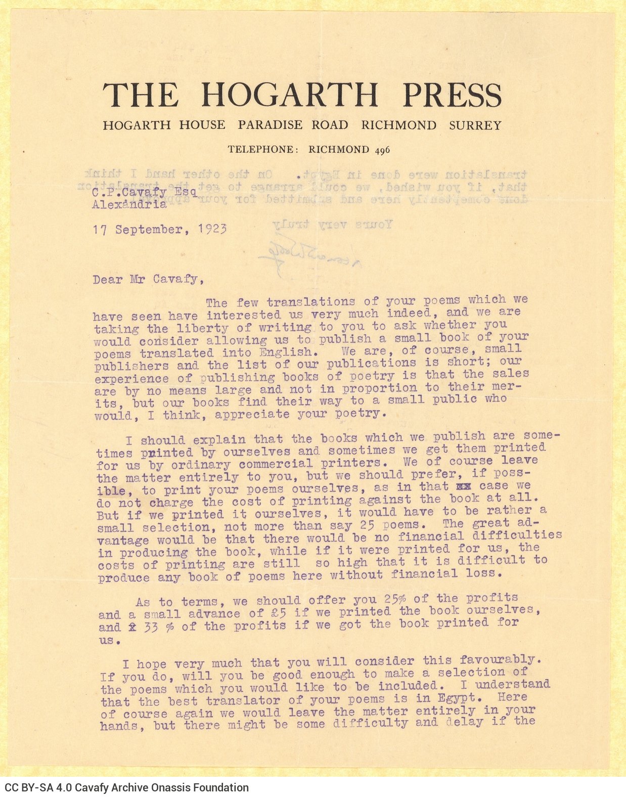 Autograph typewritten letter by Leonard Woolf on both sides of a letterhead of The Hogarth Press. He informs Cavafy of their 