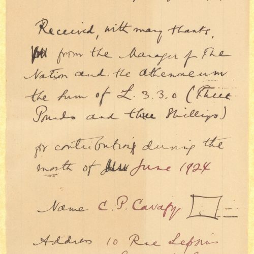 Two handwritten copies of receipts from *The Nation and Athenaeum* dated 9/8/1924 and 16/7/1924. (London)
Typewritten letter