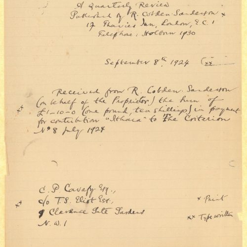 Handwritten copy of a receipt from a collaboration between Cavafy and *The Criterion*. Accompanied by the original typewri