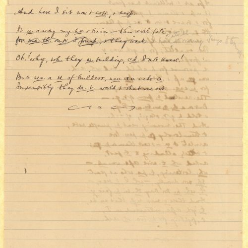 Manuscript by Cavafy with the English translation of the poem "Faithlessness" on the recto of a ruled sheet. The poem has 