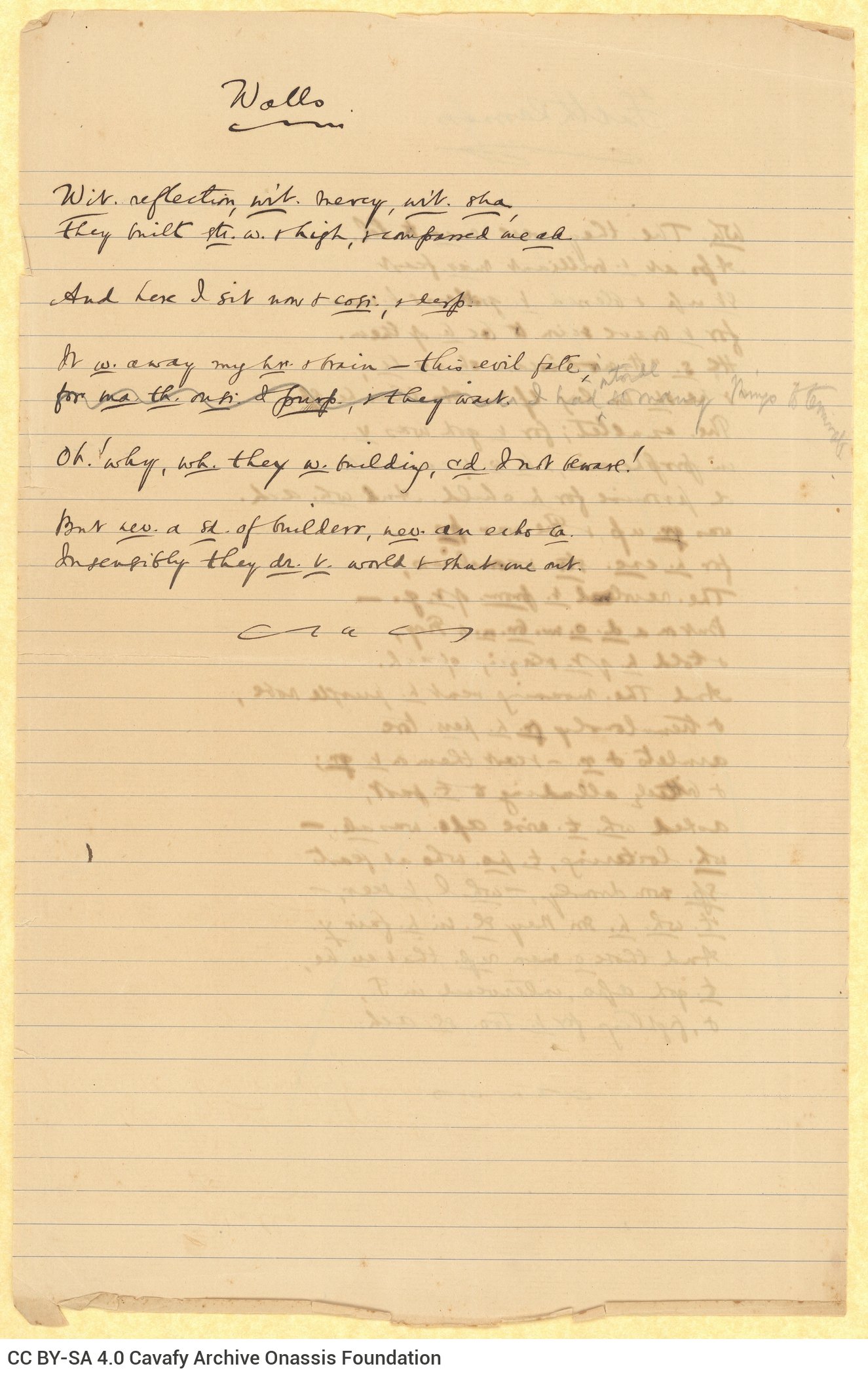 Manuscript by Cavafy with the English translation of the poem "Faithlessness" on the recto of a ruled sheet. The poem has 