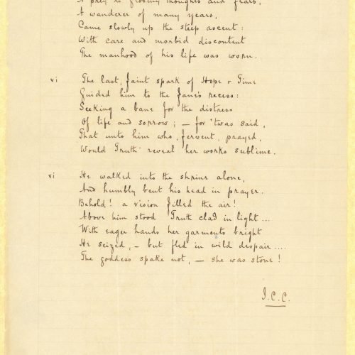 Handwritten poem on the recto of two ruled sheets. The verso of both sheets is blank. The signature "J.C.C." (John Cavafy)