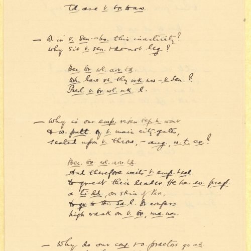 Handwritten English translation of the poem "Awaiting t[he] B[a]r[barians]" by the poet on the first two pages of a bifoli