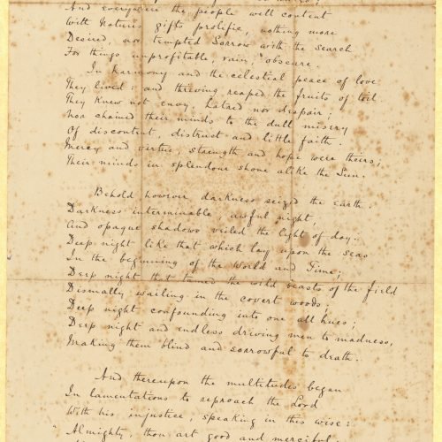 Manuscript of a poem in English ("Darkness and Shadows") on both sides of a sheet of paper. The note "a transcription from
