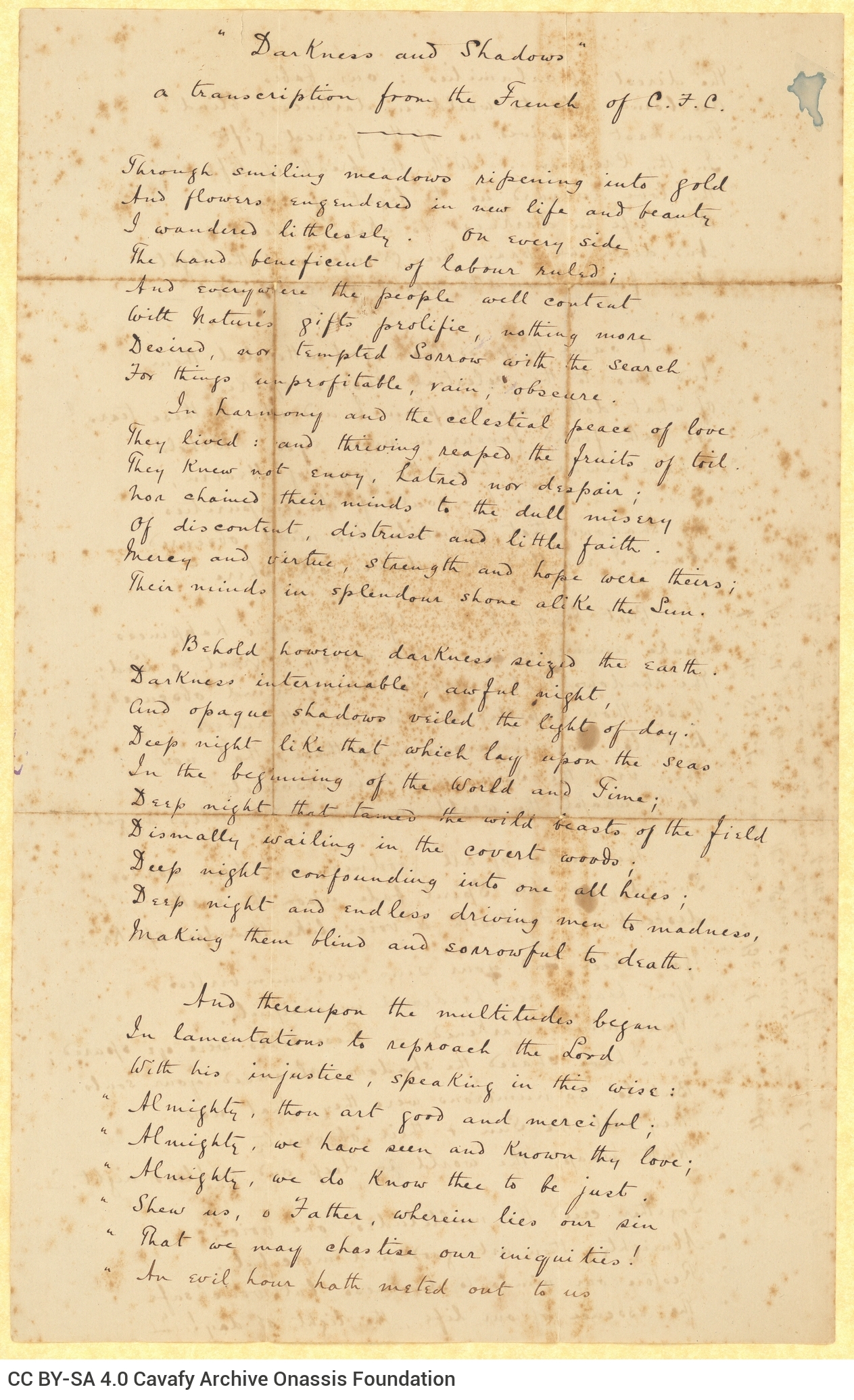 Manuscript of a poem in English ("Darkness and Shadows") on both sides of a sheet of paper. The note "a transcription from