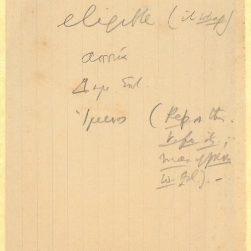 Handwritten notes on one side of a ruled sheet. The titles of three poems by Cavafy are noted ("Absence", "Of Demetrius So