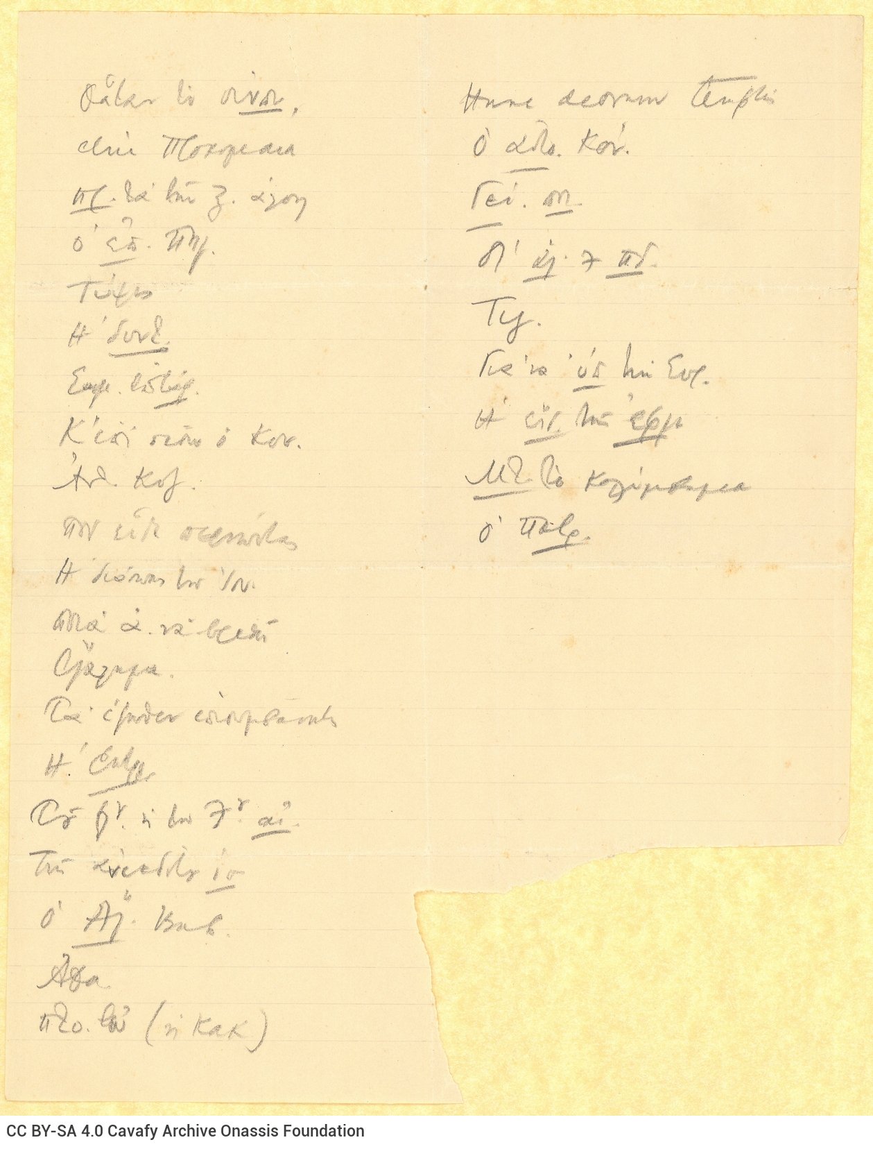 Handwritten titles of poems, most of them abbreviated, on one side of a ruled sheet. Blank verso.