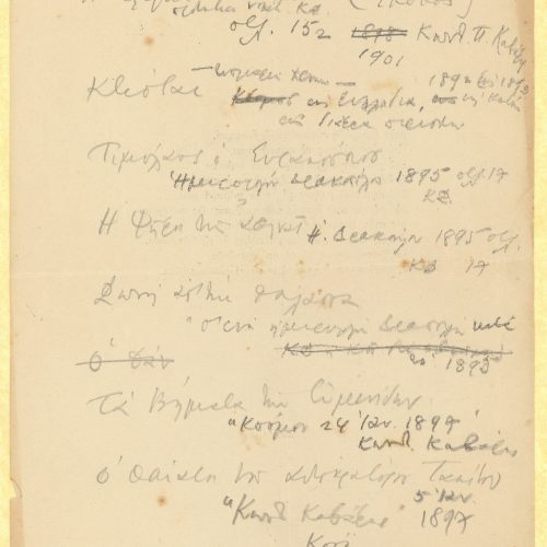 Χειρόγραφοι τίτλοι ποιημάτων του Καβάφη, συνοδευόμενοι από βιβλιο