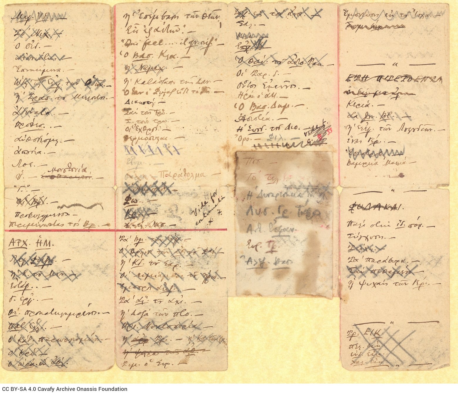 Handwritten titles of poems on two sheets of paper, divided into columns in ink. Some of the titles have been included in 