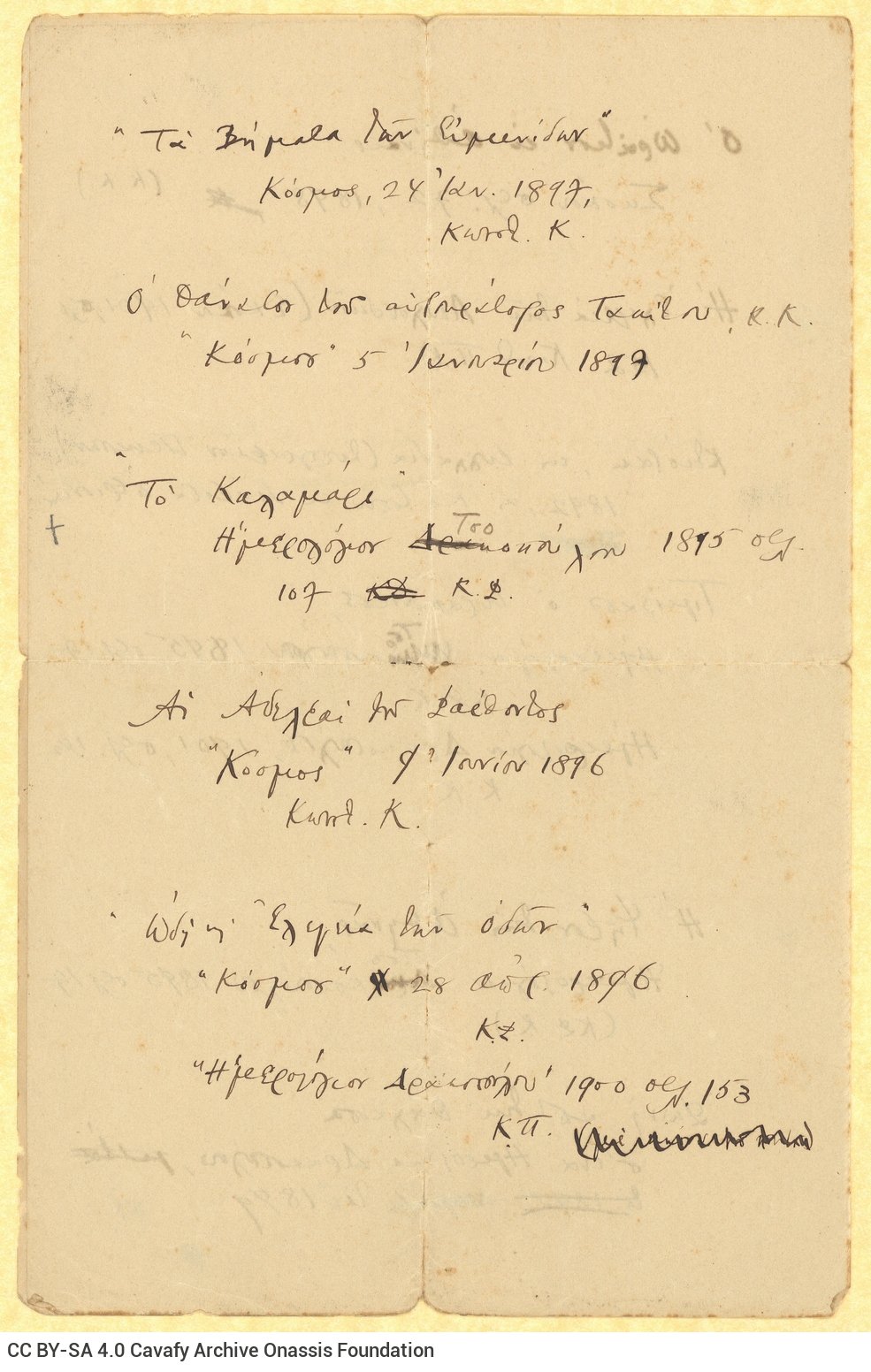Handwritten titles of poems on the first three pages of a double sheet notepaper. Bibliographical references to the printe