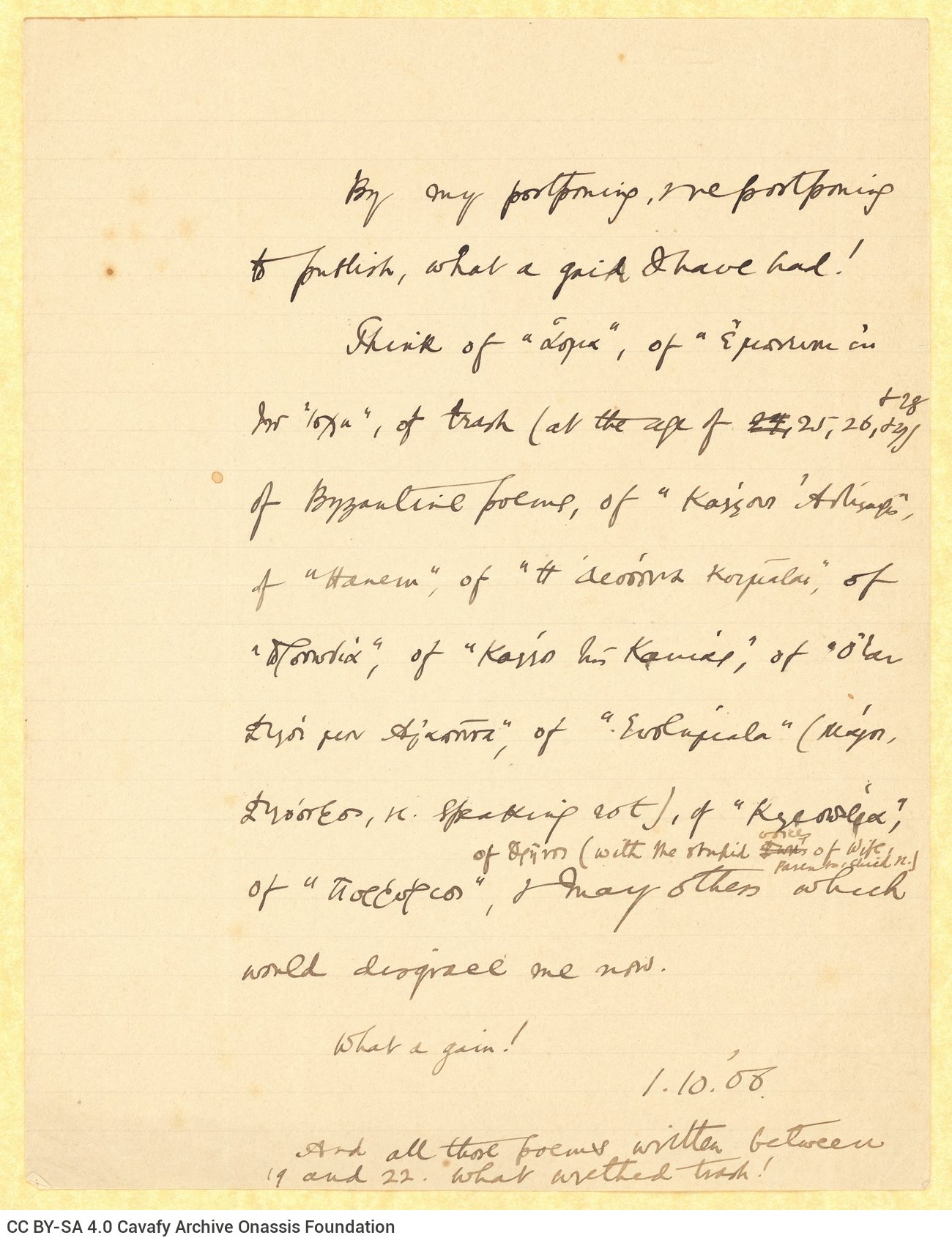 Handwritten note on the first page of a ruled double sheet notepaper. Reference to titles of poems of his, which Cavafy ch