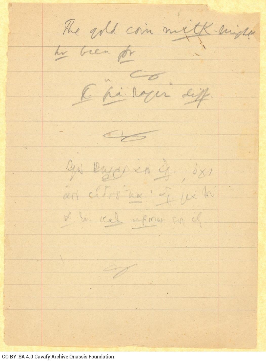 Handwritten notes by Cavafy in English and Greek (possibly of personal nature), on one side of a ruled sheet. Abbreviation
