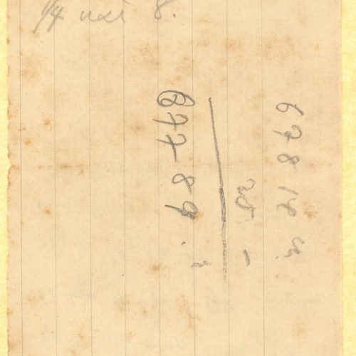 Handwritten notes on both sides of a ruled piece of paper. Note of the poet's father's and mother's age when they died. Th