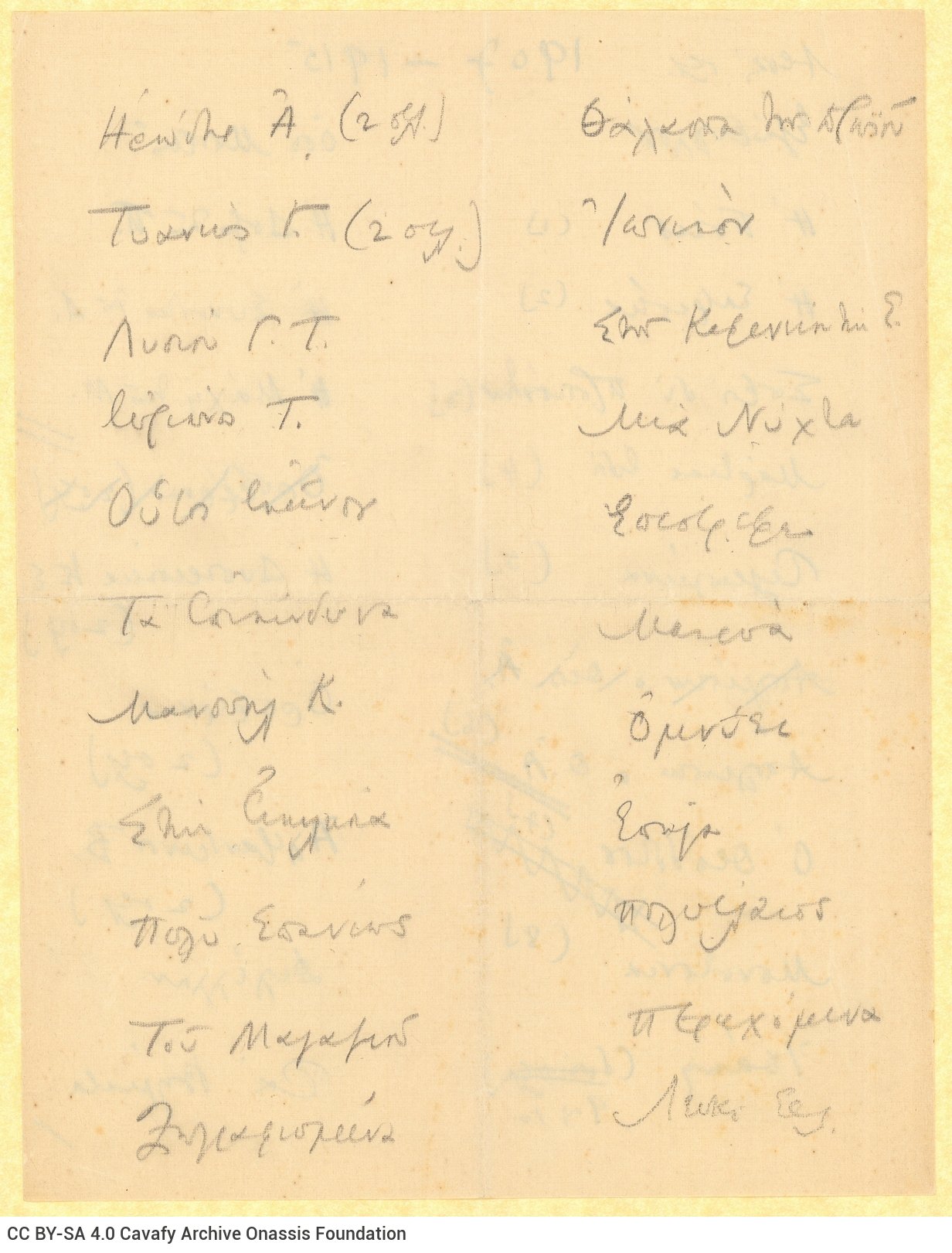 Handwritten draft table of contents of the Collection of poems 1907-1915 on both sides of a sheet. Page number or the numb