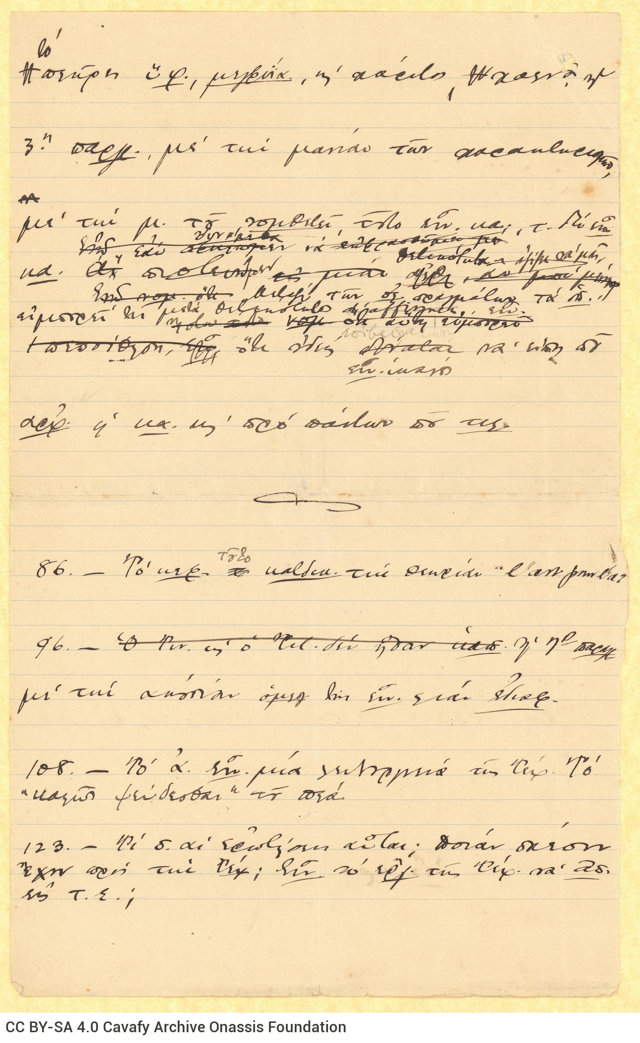 Handwritten notes on seven ruled sheets with cancellations, emendations and abbreviations. One of the pages is numbered "5