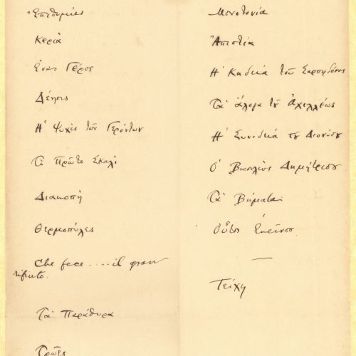 Handwritten poem titles and bibliographical references on two sheets folded into bifolios. The references cover the period
