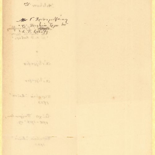 Handwritten poem titles and bibliographical references on two sheets folded into bifolios. The references cover the period
