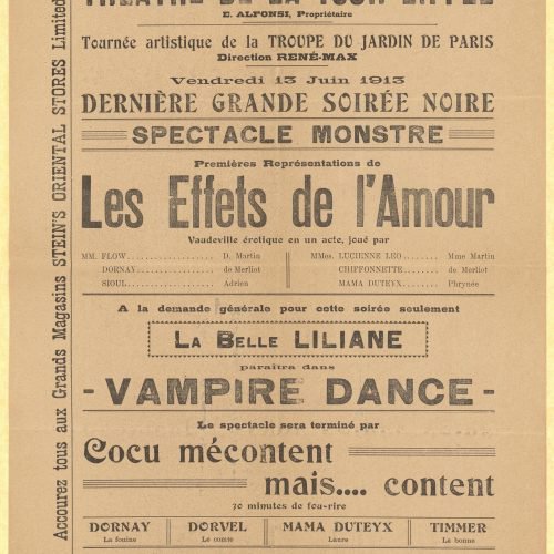 Handwritten note of linguistic content on the verso of a print with announcement of a performance by a French cast in June