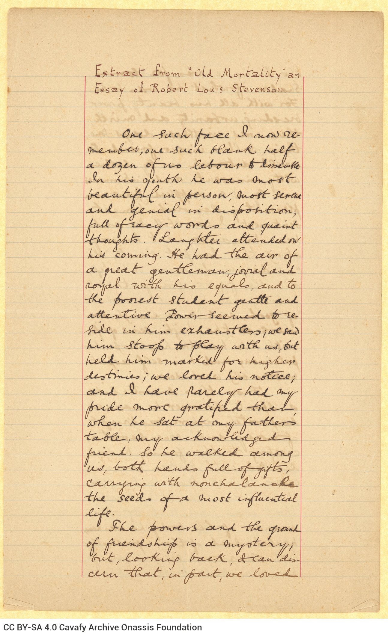 Handwritten excerpt from the essay "Old Mortality" by Robert Louis Stevenson, on a double sheet notepaper and on the recto